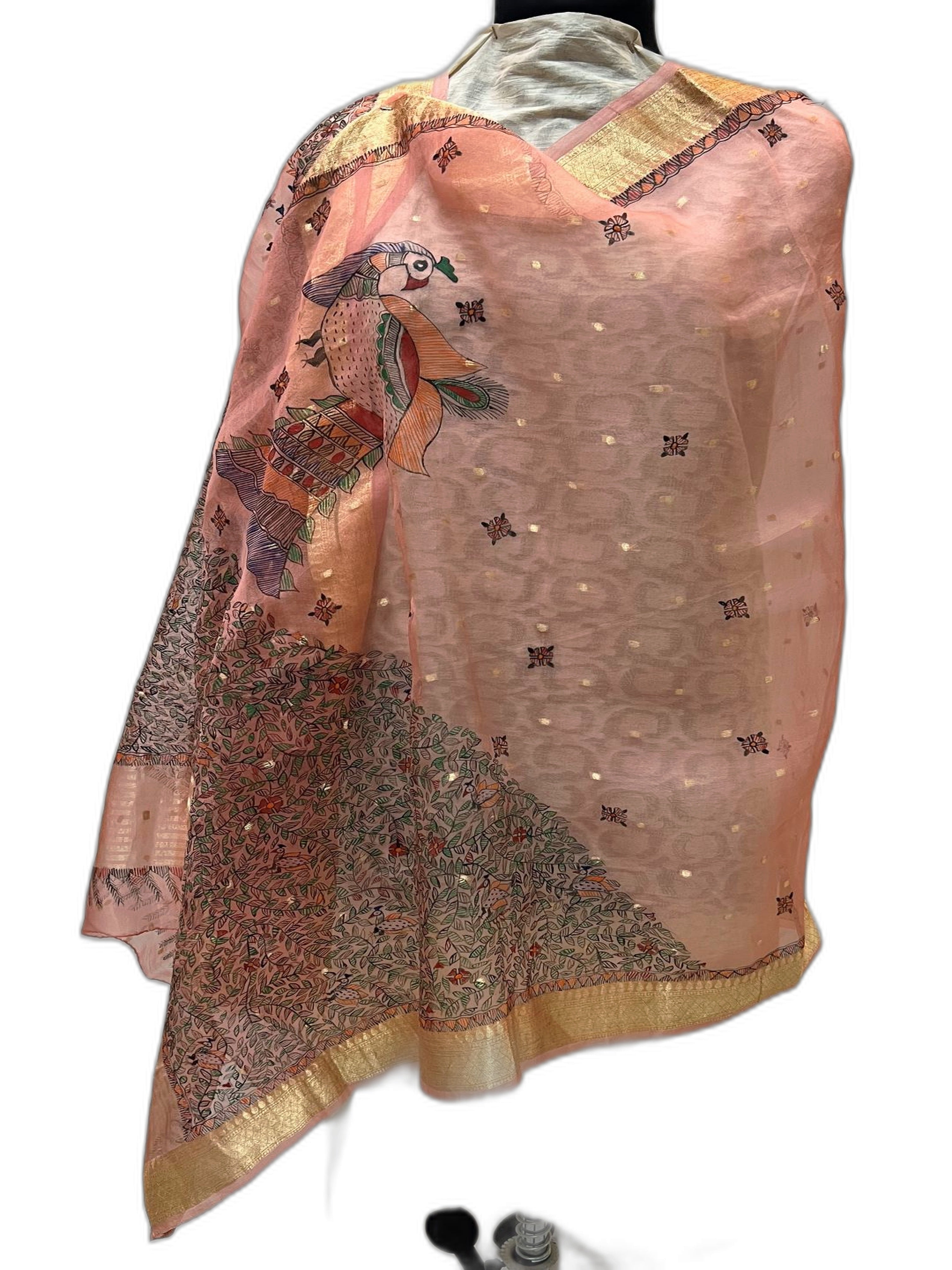 Hand-Painted Pink Organza Dupatta with weaved Zari Border